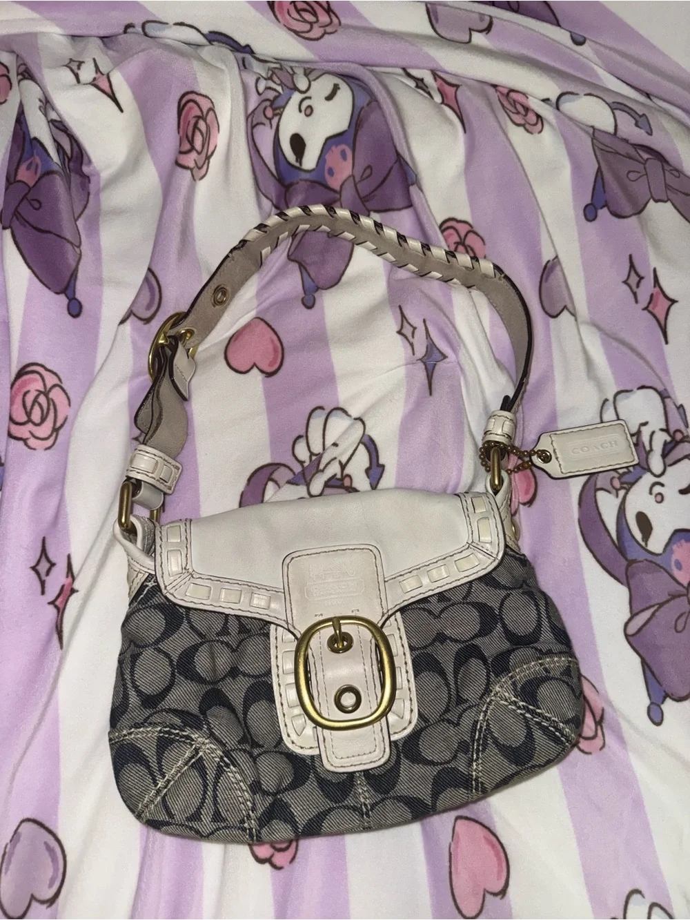 Coach Gray Signature Canvas Shoulder Bag with Ivory Trim